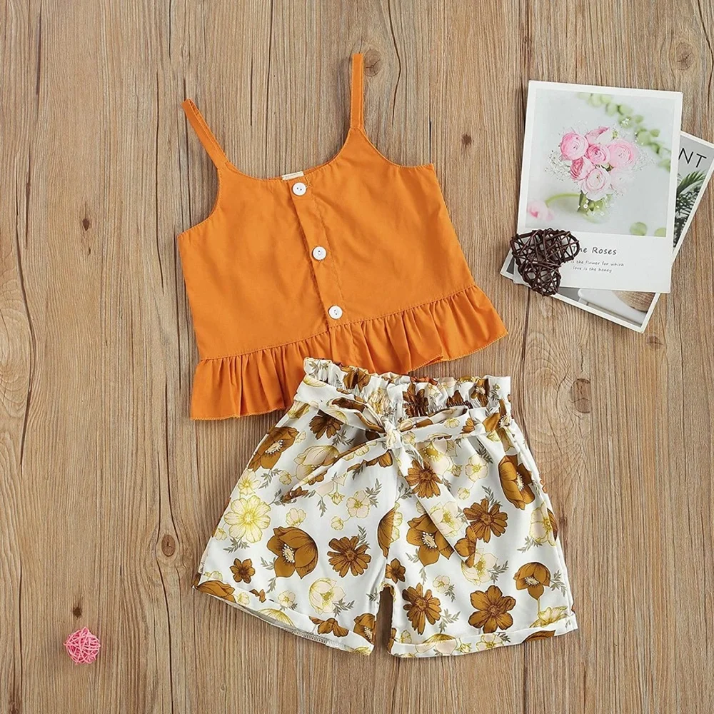 Toddler Girl Outfits Sleeveless Tops + Floral Shorts 2pcs (6-9 months)